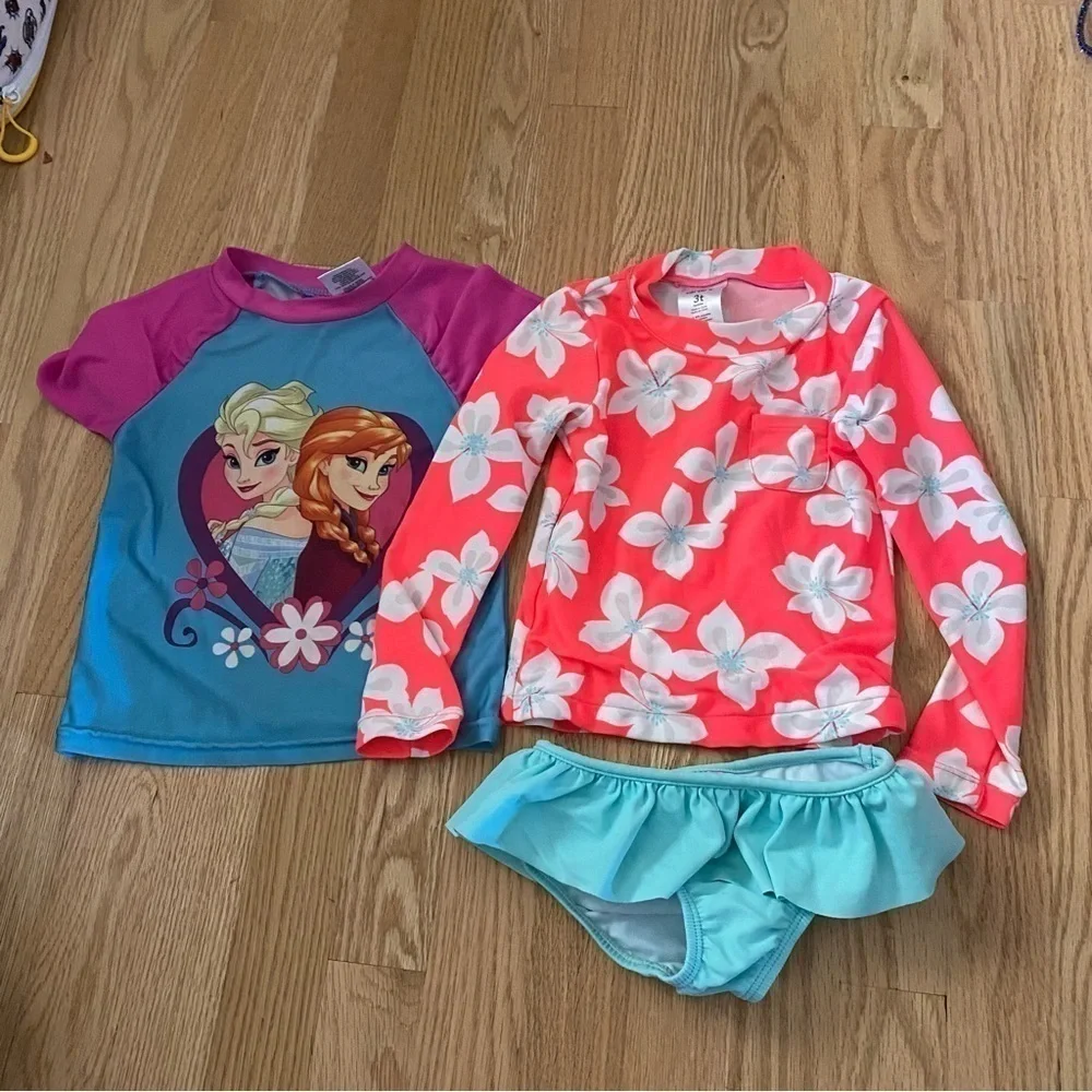 Carter’s 3T Swim Guard Bikini Set Girls Frozen Elsa Bundle Long Sleeve Pink